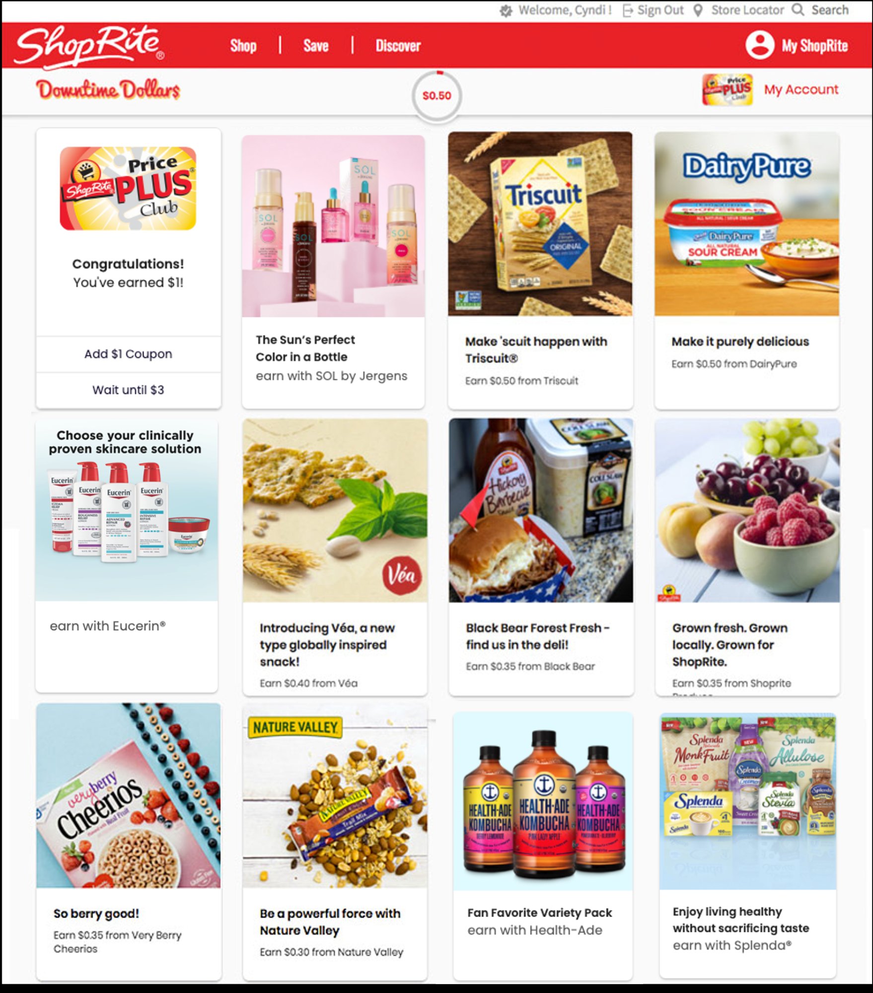 ShopRite Downtime Dollars rewards hub showing branded content from multiple brands